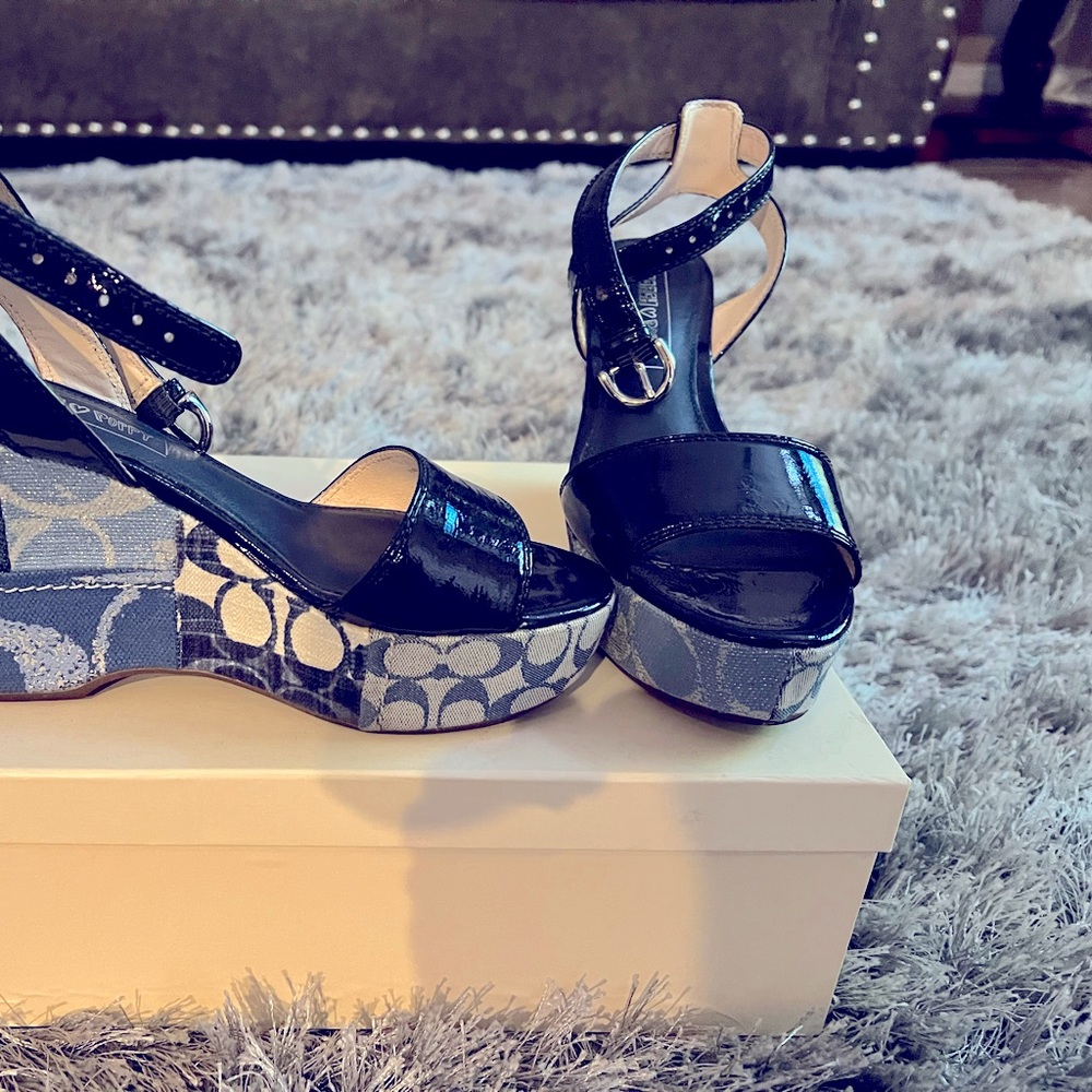 Navy Blue Coach Wedge Sandals